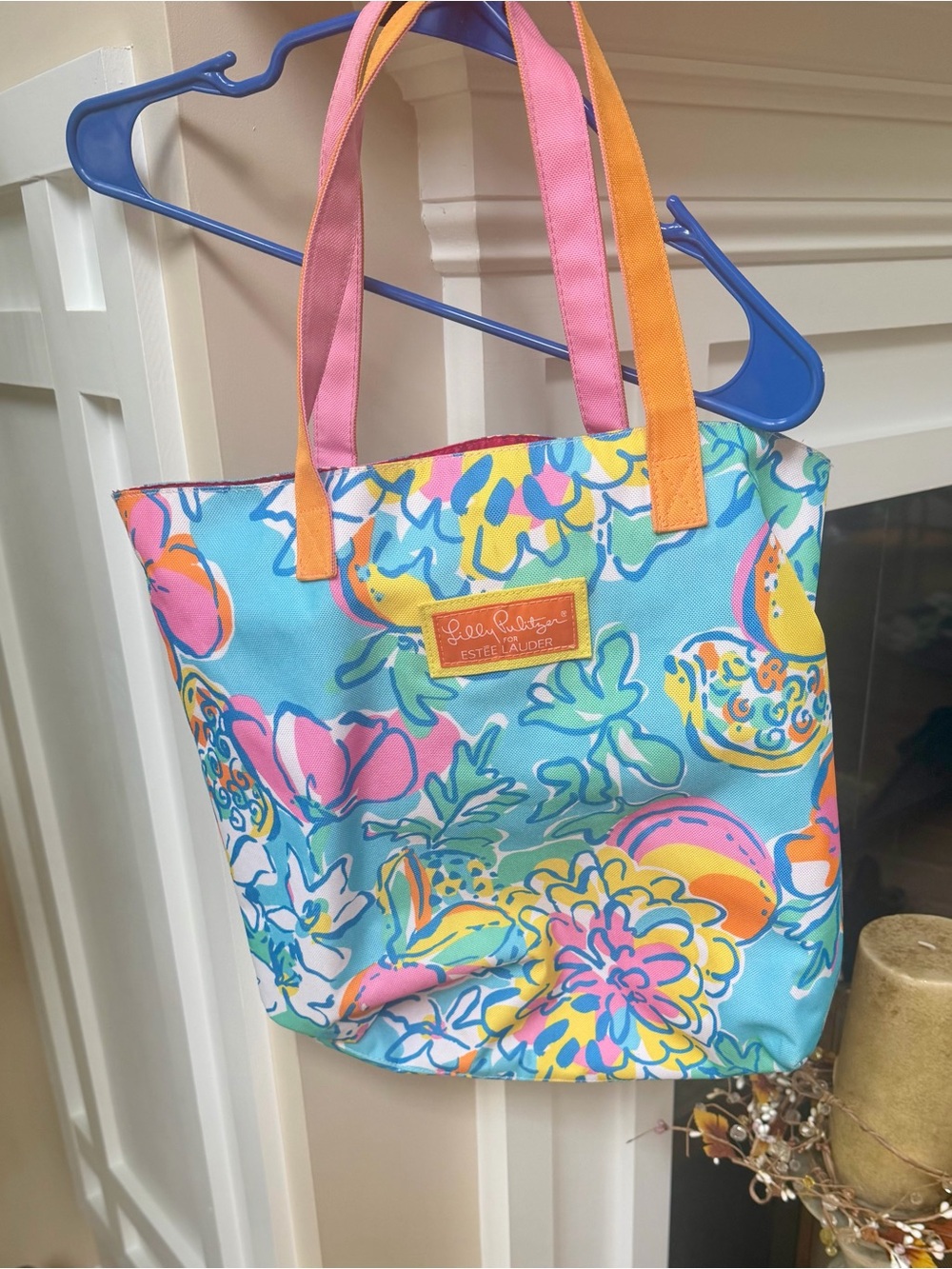 Lilly Pulitzer Blue Floral & Fruit Tote with Pink and Orange Straps